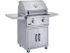 Broilmaster 26 inch stainless steel gas grill on cart with side shelves and storage cabinet.