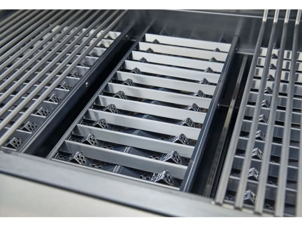 Stainless steel cooking surface showing heavy grates and pyramid flame tamers for even heat distribution.