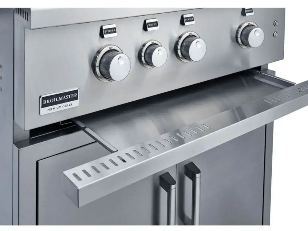 Broilmaster built-in gas grill control panel and convenient front pull-out drip tray.