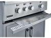 Broilmaster built-in gas grill control panel and convenient front pull-out grease tray for easy cleaning.