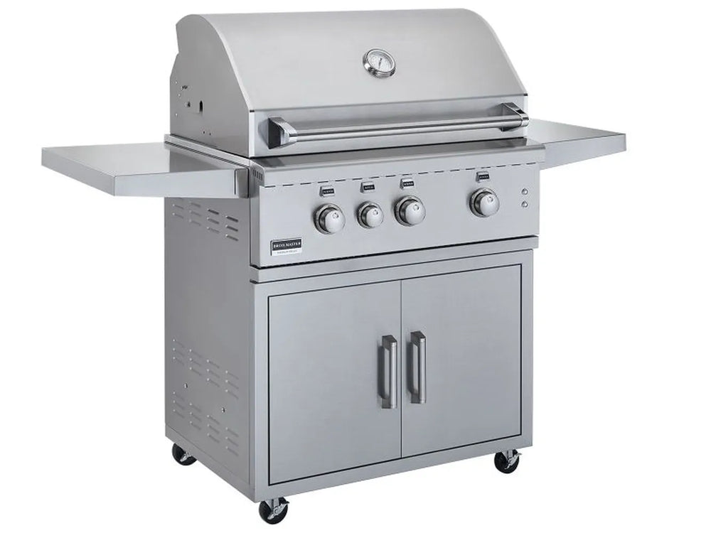Broilmaster 34 inch stainless steel gas grill on cart with side shelves and storage cabinet.