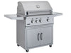 Broilmaster 34 inch stainless steel gas grill on cart with side shelves and storage cabinet.