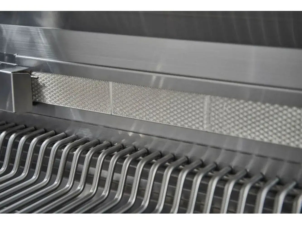 High-intensity infrared ceramic rear burner for rotisserie cooking on Broilmaster gas grill.