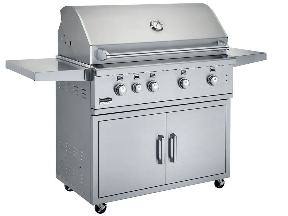 Broilmaster 42 inch stainless steel gas grill on cart with side shelves and storage cabinet.