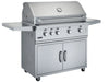 Broilmaster 42 inch stainless steel gas grill on cart with side shelves and storage cabinet.