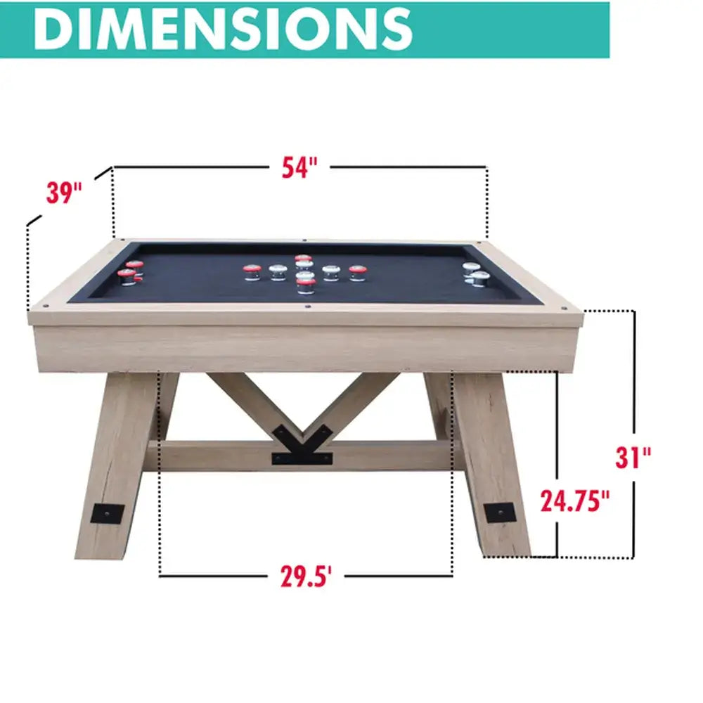 Dimensions of Freetime Fun Baddah Bing Bumper Pool Table: 54 inches long, 39 inches wide, 31 inches high