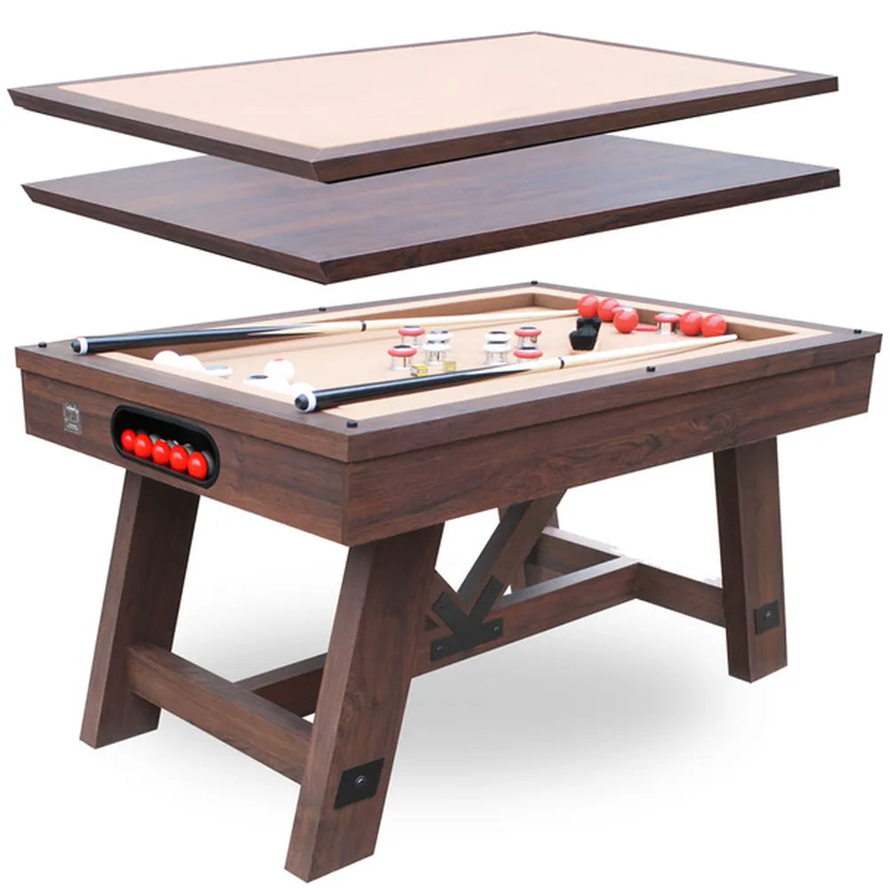 Freetime Fun Baddah Bing 54" Bumper Pool table in espresso, with the soft and hard multi-game conversion tops shown floating above the playing surface.
