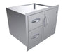 Angled view of Sunstone C-DDC30 stainless outdoor kitchen double drawers with right-side access door and curved handles.