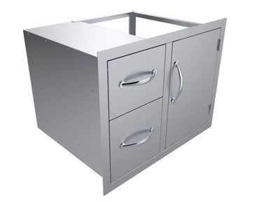 Angled view of Sunstone C-DDC30 stainless outdoor kitchen double drawers with right-side access door and curved handles.
