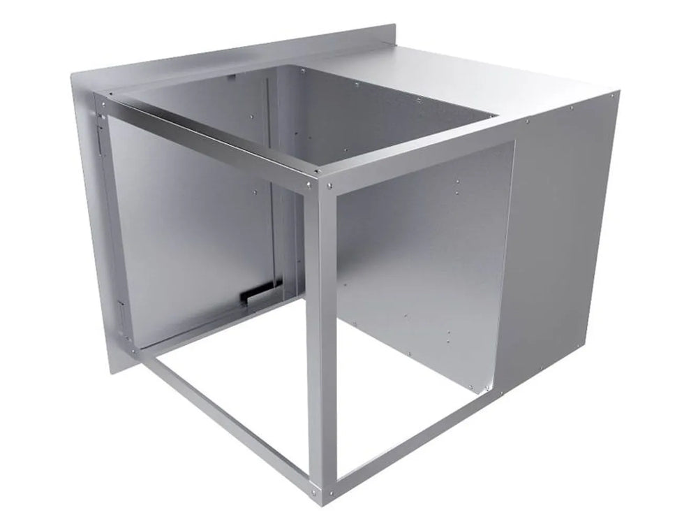 Back/side view of Sunstone C-DDC30 30-inch stainless drawer and door combo cabinet frame with open top cutout.