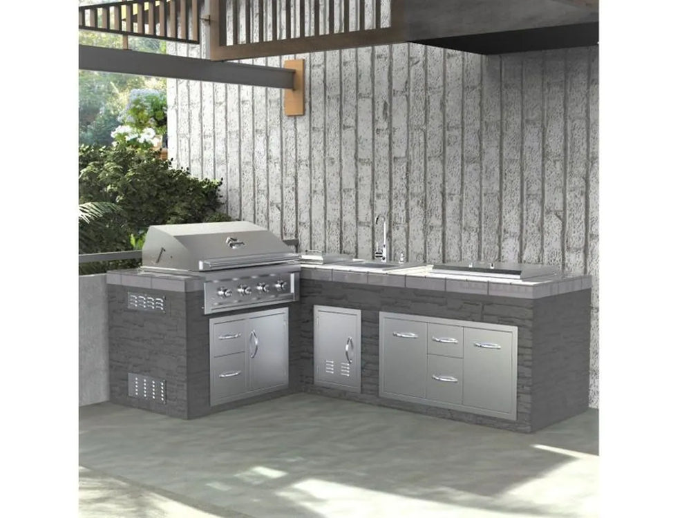 Outdoor kitchen setup with stainless grill, sink, and Sunstone C-DDC30 double drawers and access door installed in stone island.