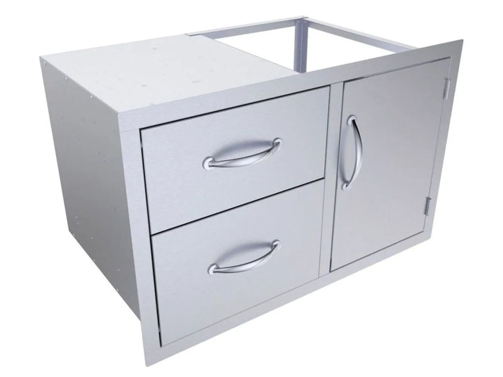 Angled view of Sunstone C-DDC36 stainless outdoor kitchen cabinet with two drawers and right-side access door.