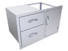 Angled view of Sunstone C-DDC36 stainless outdoor kitchen cabinet with two drawers and right-side access door.
