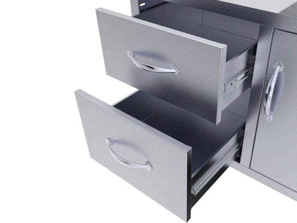 Sunstone C-DDC36 double drawers pulled open, showing stainless storage space and smooth slide rails.
