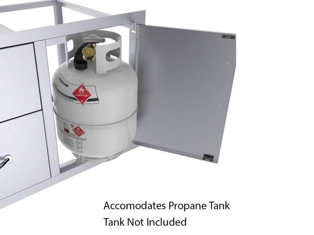 Sunstone C-DDC36 cabinet with right door open showing space for a propane tank; tank not included.