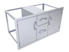 Angled view of Sunstone C-DDC42 stainless outdoor kitchen cabinet with two center drawers and dual access doors.