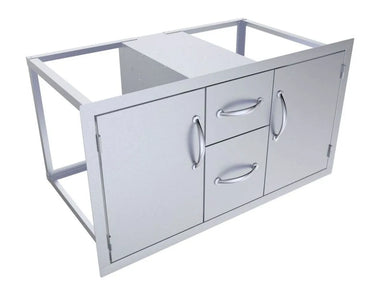 Angled view of Sunstone C-DDC42 stainless outdoor kitchen cabinet with two center drawers and dual access doors.