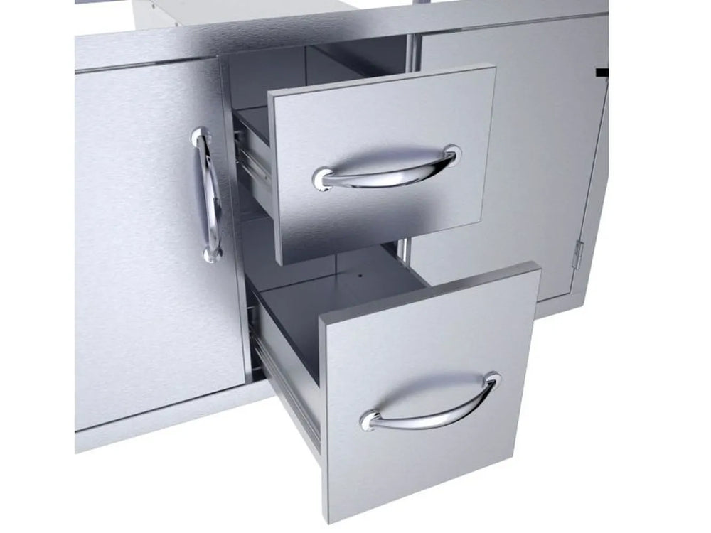 Sunstone C-DDC42 drawers pulled open, showing stainless storage space and smooth sliding drawer tracks.