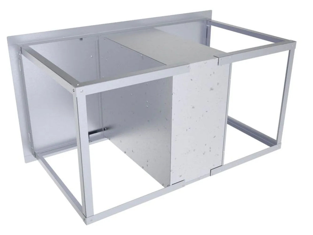 Back/side view of Sunstone C-DDC42 42-inch stainless drawer and door combo cabinet frame with open top cutout.