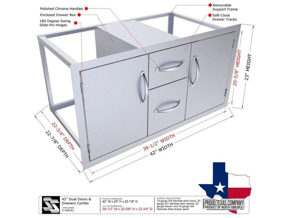 Sunstone C-DDC42 double doors and drawers combo diagram with labeled features and cutout dimensions for outdoor kitchen installation.