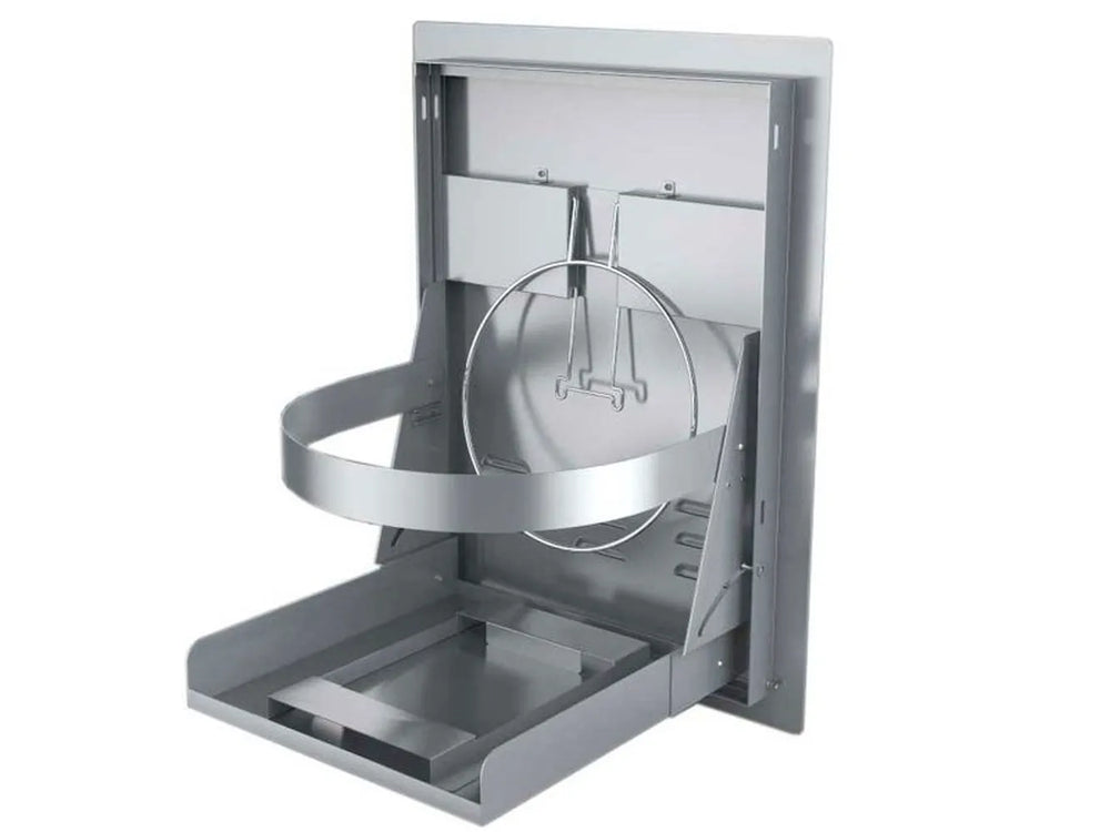 Sunstone C-LPCD20 open cabinet showing pull-out tank tray with circular propane tank ring and stainless frame.