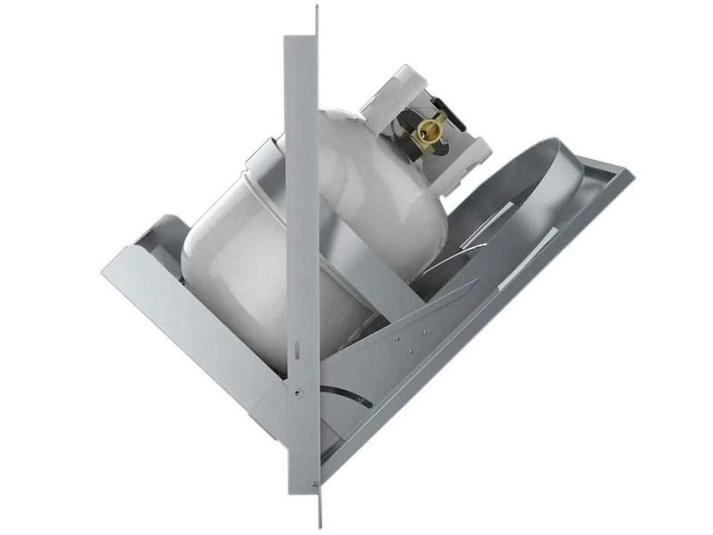 Side view of Sunstone C-LPCD20 tank tray holding a propane tank on an angled slide-out platform; tank not included.