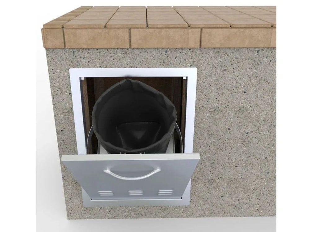 Sunstone C-LPCD20 installed in outdoor kitchen island with pull-out tray holding a trash bag for easy access.