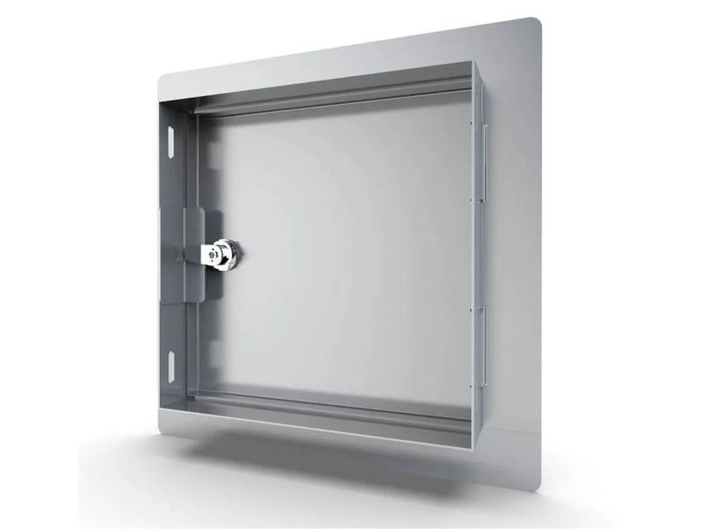 Back view of Sunstone C-SD12 12" flush utility access door, showing stainless frame, hinge hardware, and mounting flange.