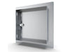 Back view of Sunstone C-SD12 12" flush utility access door, showing stainless frame, hinge hardware, and mounting flange.