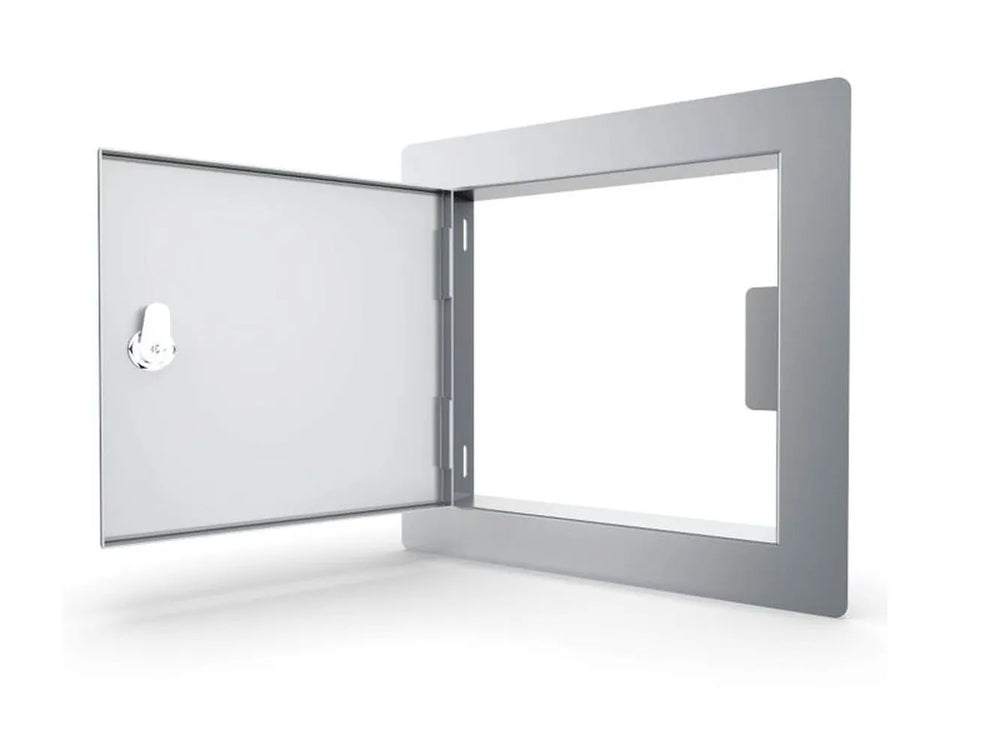Sunstone C-SD12 12-inch stainless flush access door open, showing hinge side, cutout frame, and service opening for utilities.