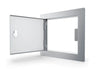 Sunstone C-SD12 12-inch stainless flush access door open, showing hinge side, cutout frame, and service opening for utilities.