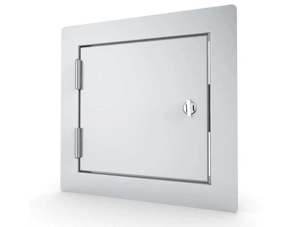 Angled view of Sunstone C-SD12 12" 304 stainless flush utility access door with latch, ideal for outdoor kitchen island access.