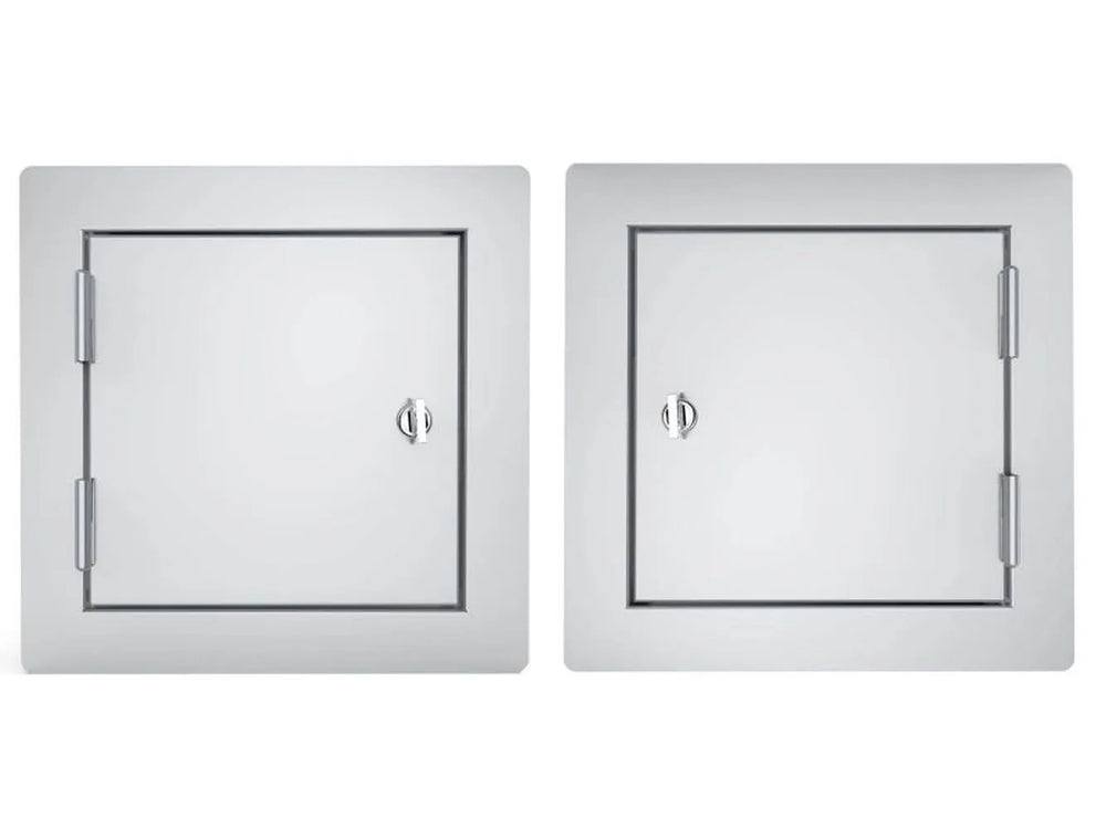 Sunstone C-SD12 12-inch 304 stainless flush access door shown in left-hand and right-hand hinge configurations.