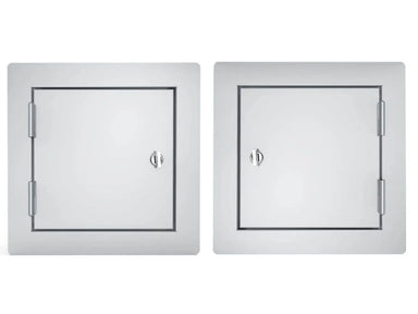 Sunstone C-SD12 12-inch 304 stainless flush access door shown in left-hand and right-hand hinge configurations.