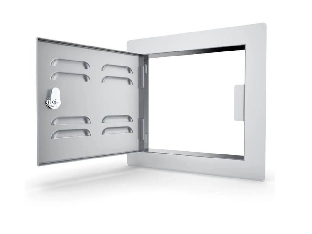 Sunstone C-VSDL12 12-inch vented utility door open, left-swing 304 stainless access panel showing cutout frame and hinge.
