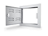 Sunstone C-VSDL12 12-inch vented utility door open, left-swing 304 stainless access panel showing cutout frame and hinge.