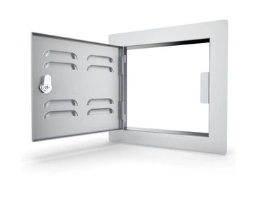 Sunstone C-VSDL12 12-inch vented utility door open, left-swing 304 stainless access panel showing cutout frame and hinge.