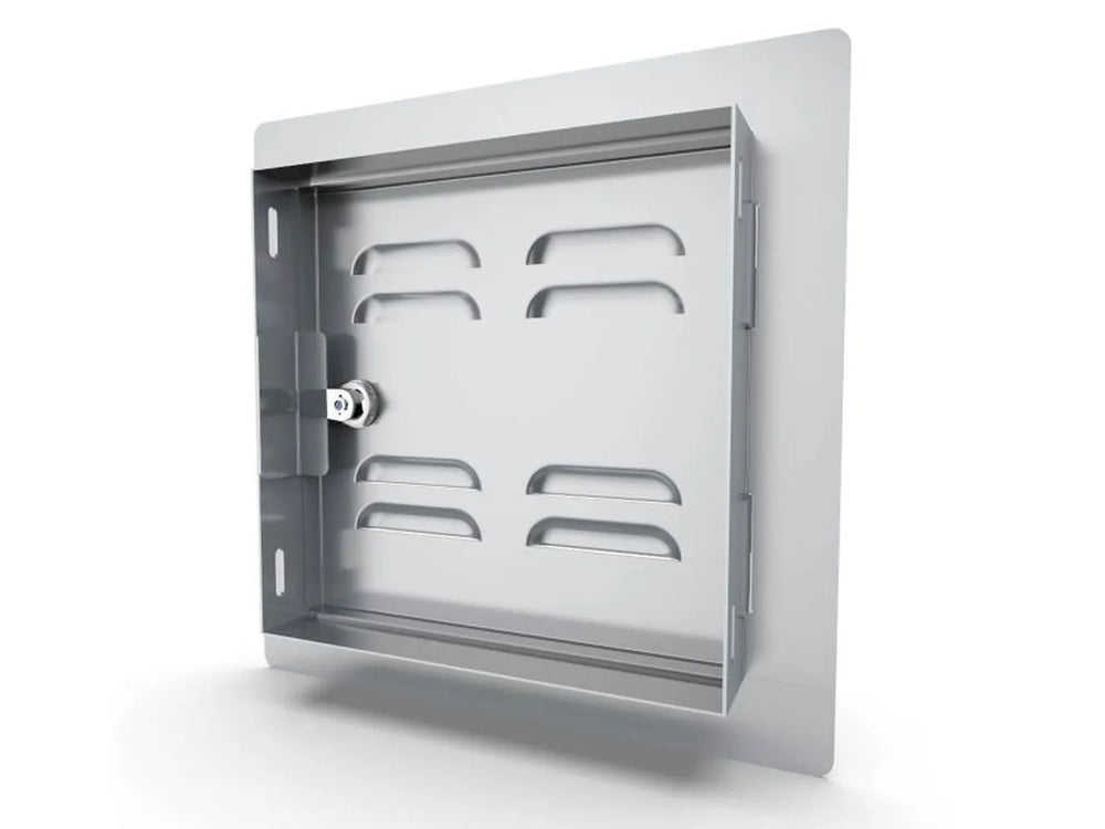 Back view of Sunstone C-VSDL12 12" vented stainless utility door, showing mounting frame, hinge side, and vented panel.