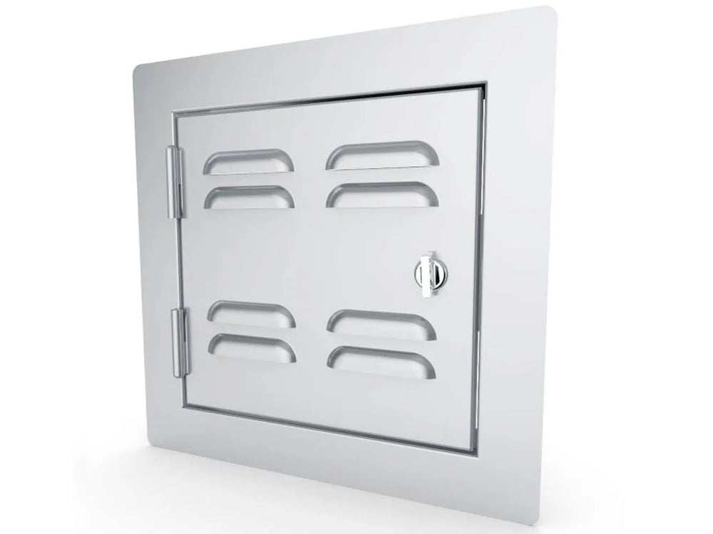 Angled Sunstone C-VSDL12 12" vented left-swing utility access door in 304 stainless steel for outdoor kitchen islands.