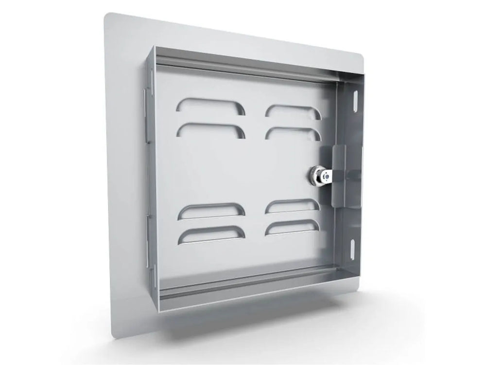 Back view of Sunstone C-VSDR12 12" vented utility access door (right swing) showing mounting frame, vent cutouts, and latch hardware in 304 stainless steel.