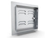 Back view of Sunstone C-VSDR12 12" vented utility access door (right swing) showing mounting frame, vent cutouts, and latch hardware in 304 stainless steel.