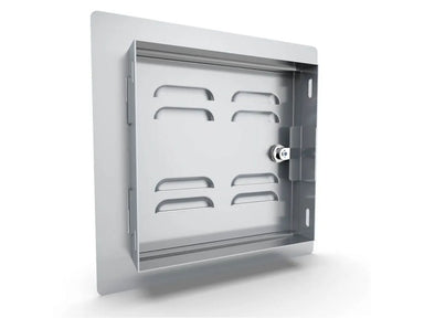 Back view of Sunstone C-VSDR12 12" vented utility access door (right swing) showing mounting frame, vent cutouts, and latch hardware in 304 stainless steel.