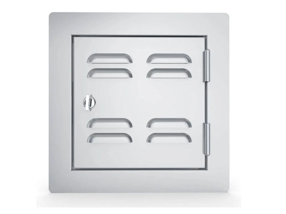 Sunstone C-VSDR12 12-inch vented utility door, right-swing, 304 stainless outdoor kitchen access panel with flush trim frame and turn latch.
