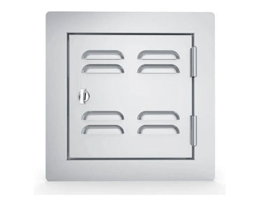 Sunstone C-VSDR12 12-inch vented utility door, right-swing, 304 stainless outdoor kitchen access panel with flush trim frame and turn latch.