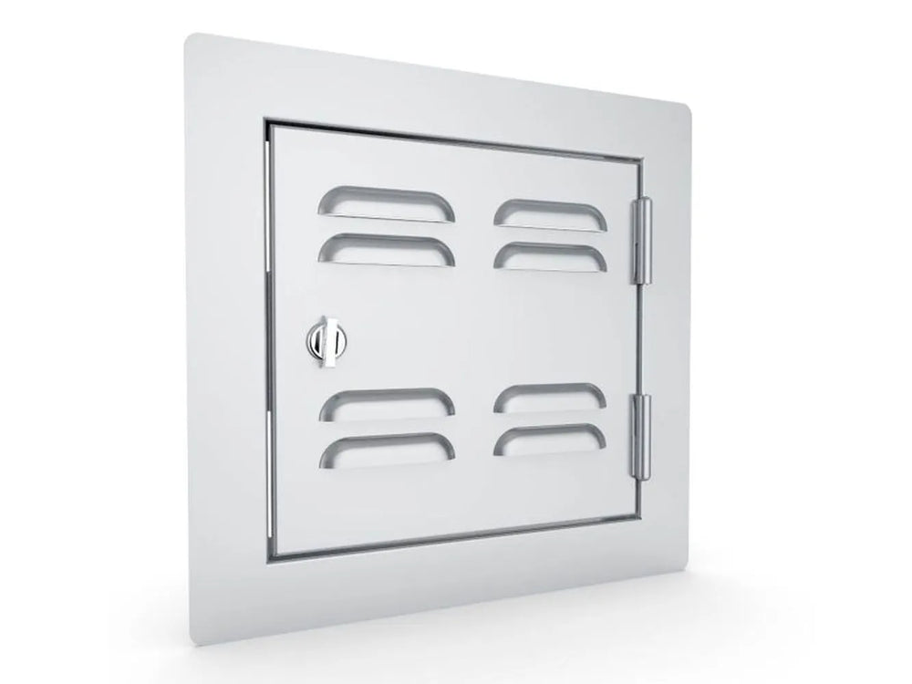 Angled view of Sunstone C-VSDR12 12" vented right-swing utility access door in 304 stainless steel for outdoor kitchen islands.