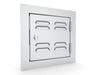 Angled view of Sunstone C-VSDR12 12" vented right-swing utility access door in 304 stainless steel for outdoor kitchen islands.