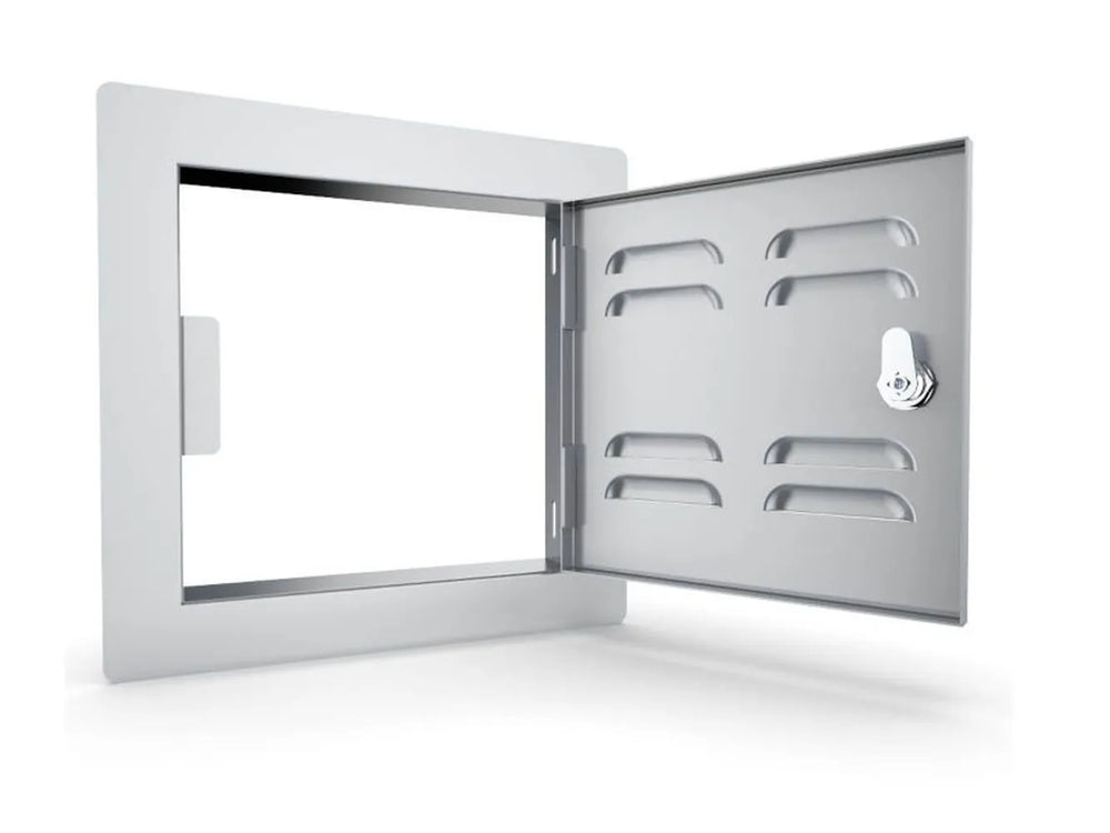 Sunstone C-VSDR12 12" vented utility access door open (right swing), showing hinge side, vented door panel, and installation frame.