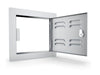 Sunstone C-VSDR12 12" vented utility access door open (right swing), showing hinge side, vented door panel, and installation frame.