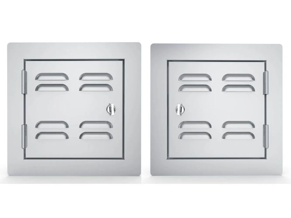 Sunstone 12" vented utility doors comparison image showing left-swing vs right-swing door orientation (C-VSDL12 vs C-VSDR12) in 304 stainless.