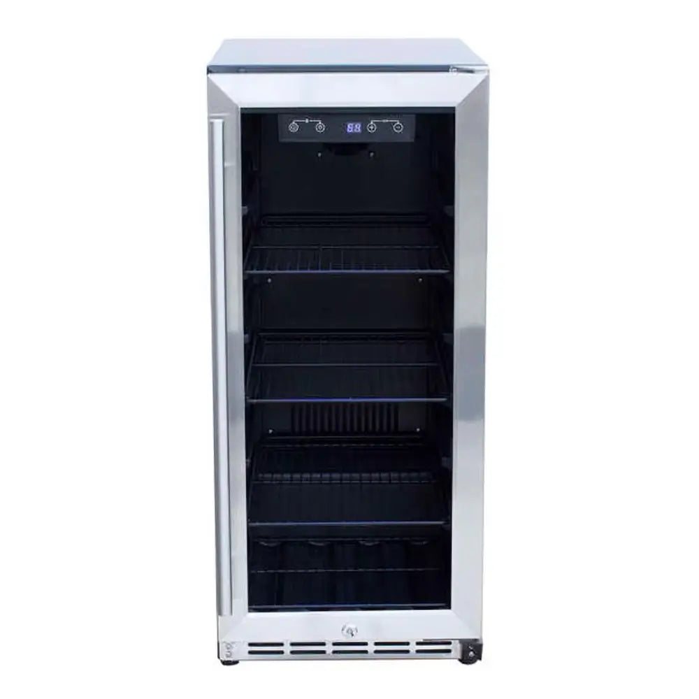Summerset RFR-15G 15" Outdoor Refrigerator, open glass door showing interior wire shelving.